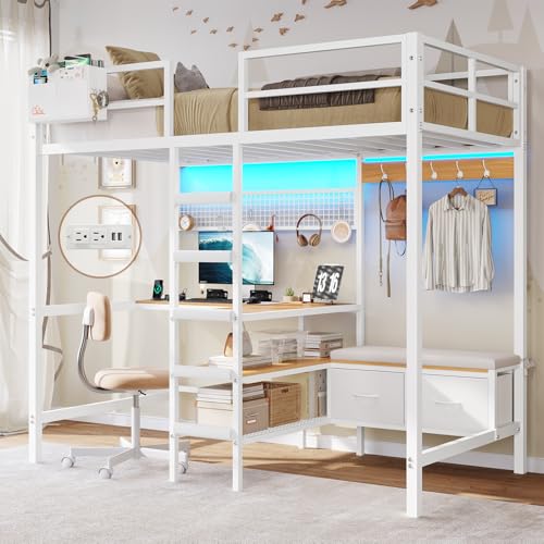Twin Size Black Metal Loft Bed with Desk and Storage Q421