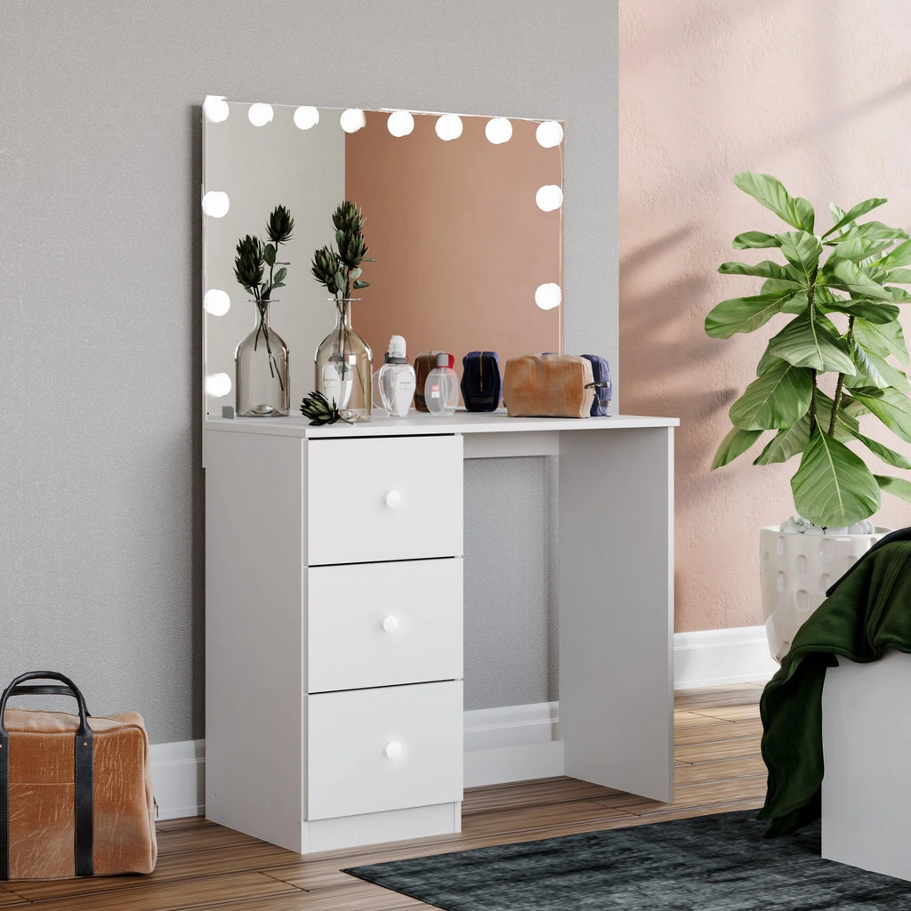 Modern Vanity Table with Light Bulbs 3 Drawers Wide Mirror White O36579
