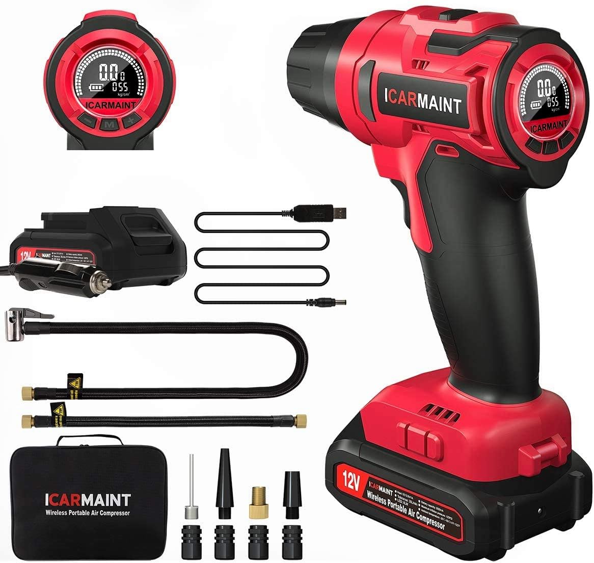 Portable Car Air Pump with Digital Pressure Gauge, 12V 140 PSI Cordless Tire Pump W245989