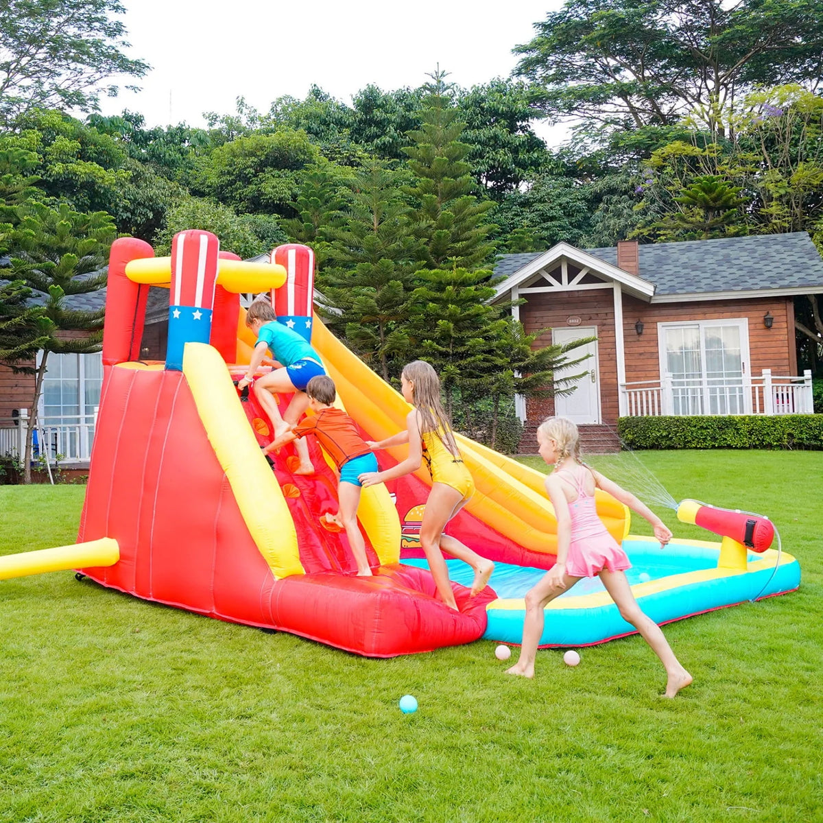 Inflatable Water Slide Splash Toy with Climbing Wall, Splash Pool, Water Cannon, Blower, Sprinkler, Stakes, Repair Patches, Storage Bag U64735