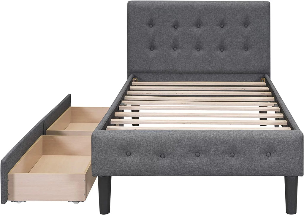 Beige Twin Size Upholstered Bed Frame with Headboard and Storage Underneath C756