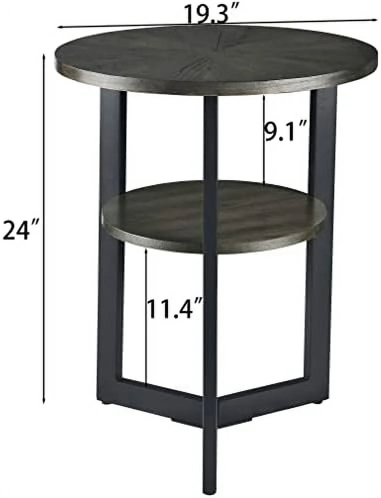 Round End Table Solid Wood 2-Tier Natural Wood Tabletop Black Metal Frame 19.3" D x 24" H A2177