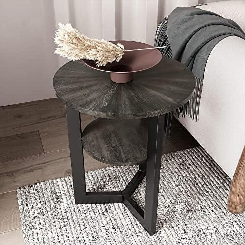 Round End Table Solid Wood 2-Tier Natural Wood Tabletop Black Metal Frame 19.3" D x 24" H A2177