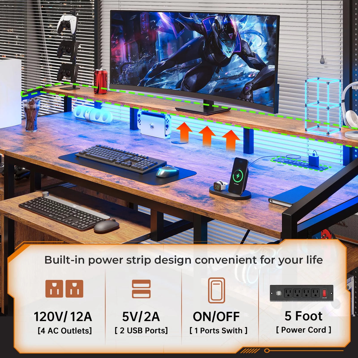 Computer Desk with LED Light and USB Charging Ports F886828