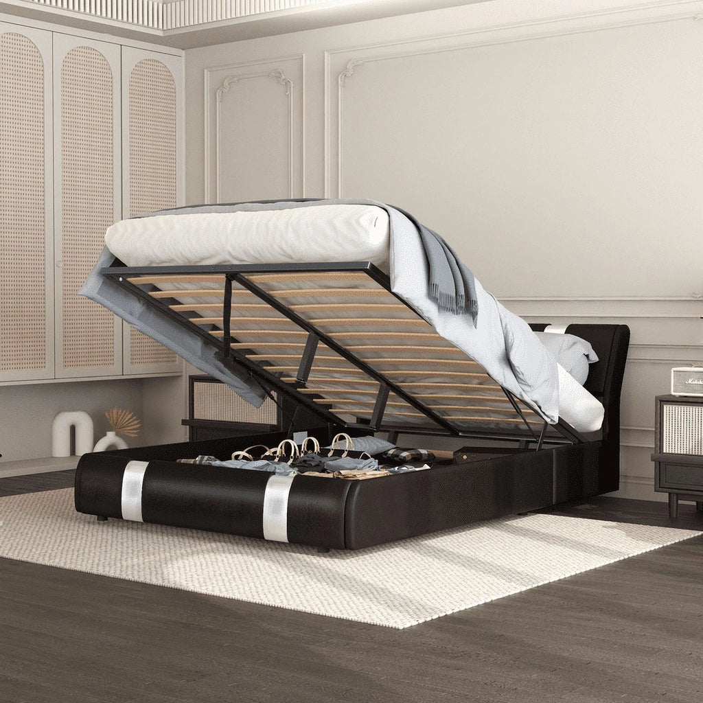 Brown Queen Size Faux Leather Upholstered Platform Bed with Lift Up Storage Y3274