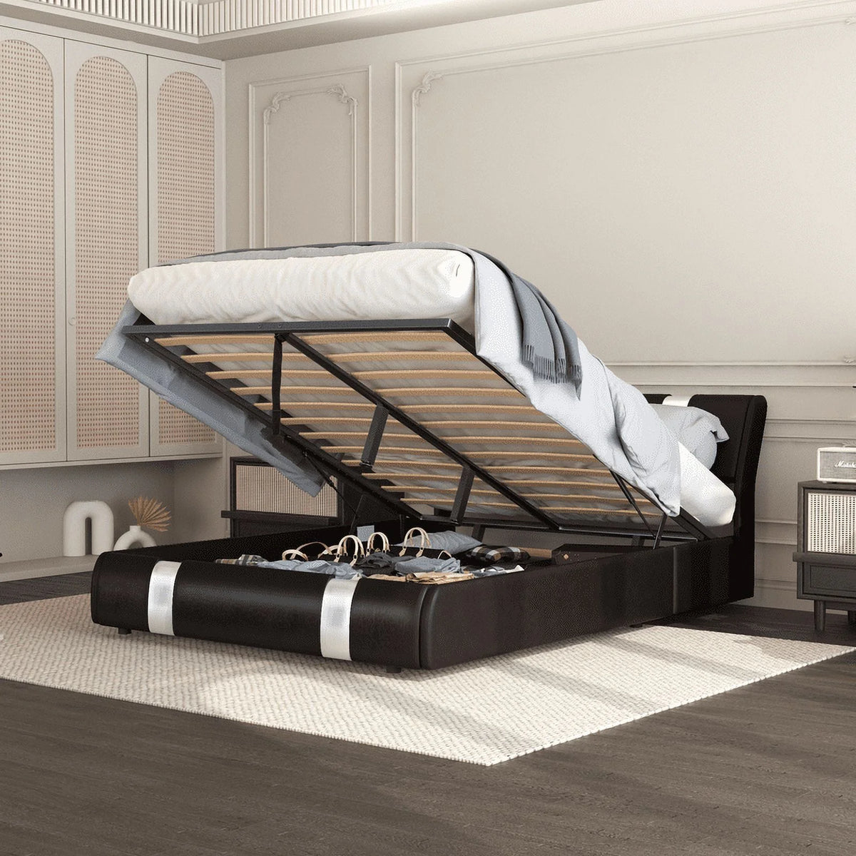 Brown Queen Size Faux Leather Upholstered Platform Bed with Lift Up Storage Y3274