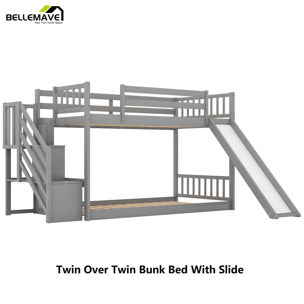 Gray Twin Over Twin Wooden Bunk Bed with Slide and Stairs L5432