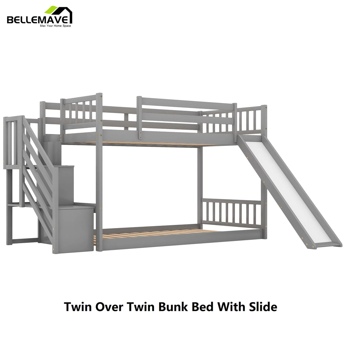 Gray Twin Over Twin Wooden Bunk Bed with Slide and Stairs L5432