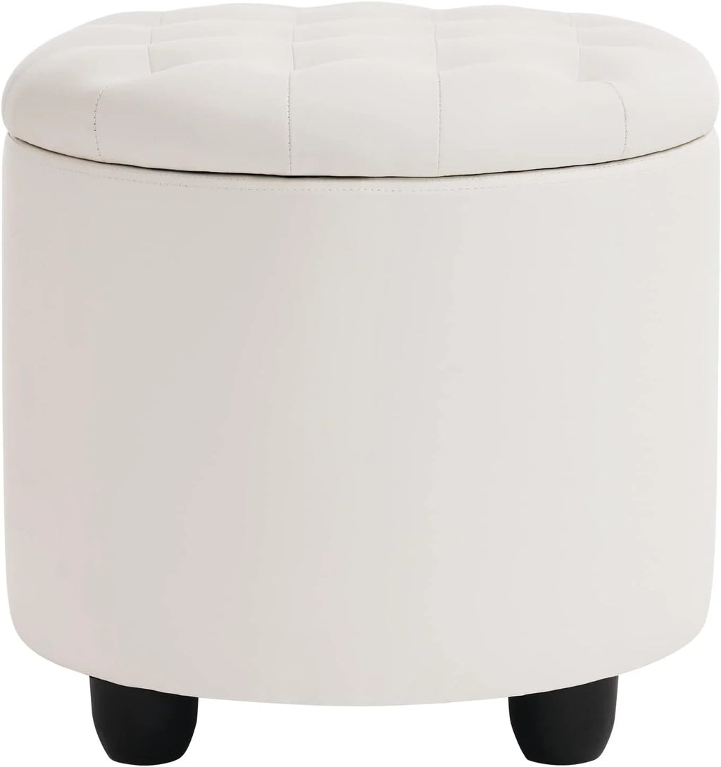 19" Round Storage Ottoman with Cover Lid Tufted PU Leather Fabric Ottoman N328