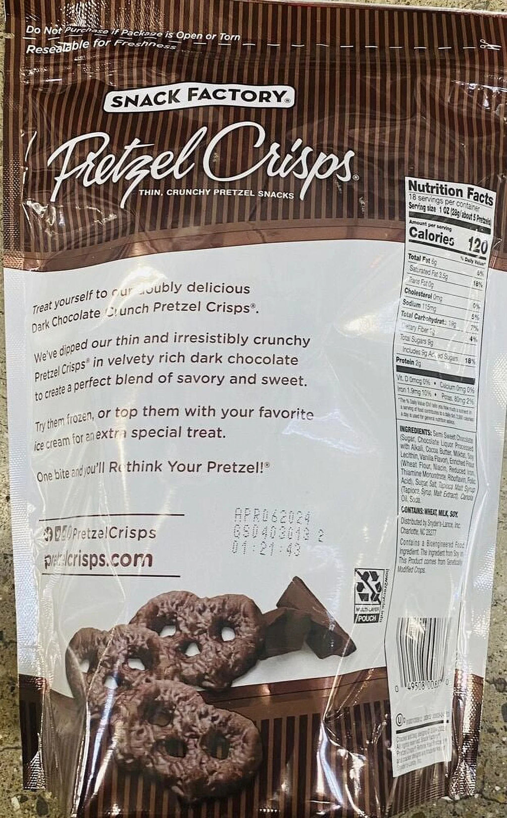 Dark Chocolate Crunch Pretzel Crisps 18 oz Bag N51059