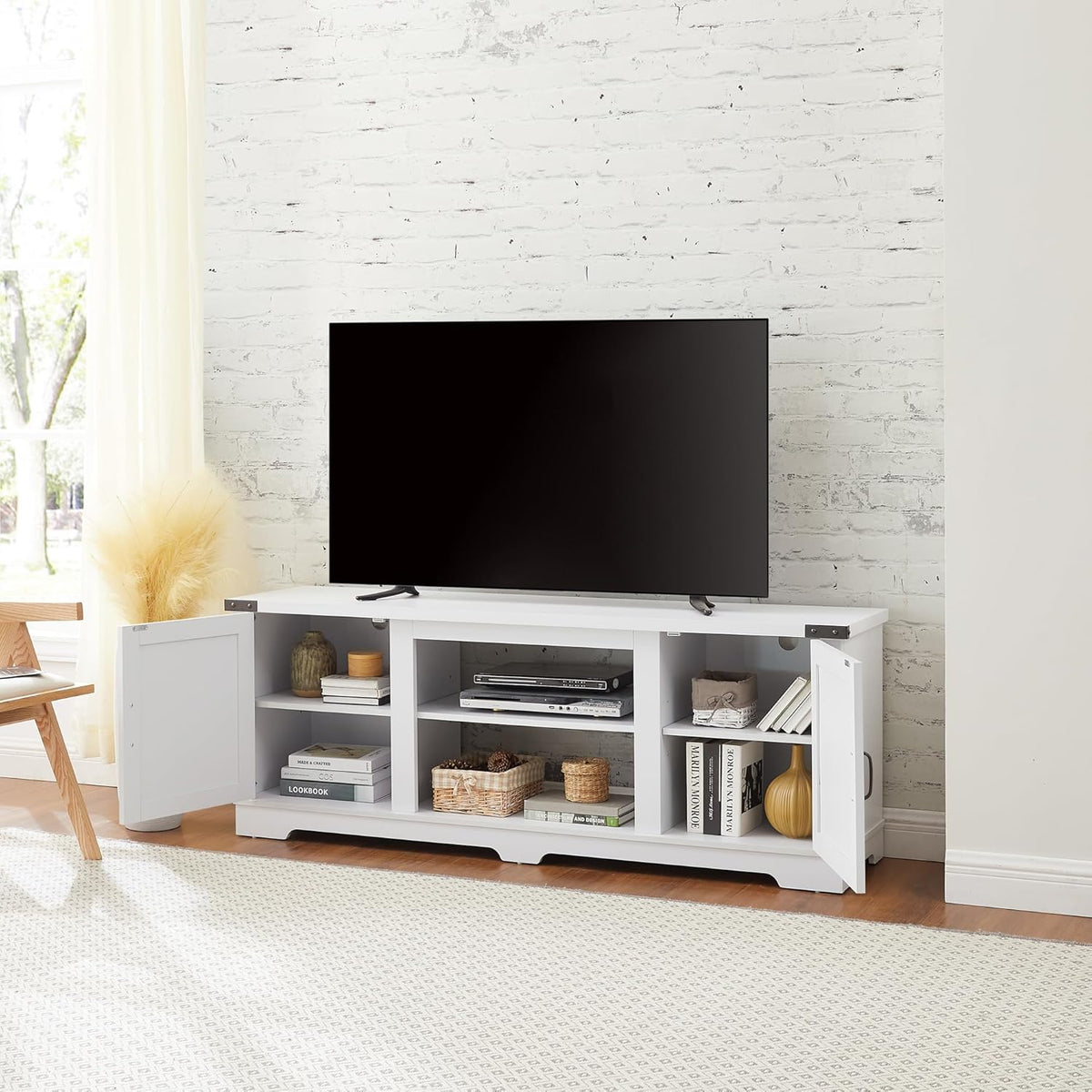 White TV Media Stand with Open Shelves and Closed Cabinets L56688