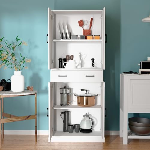 White 71" Tall Wooden Kitchen Storage Cabinet with Doors and Drawer Y182