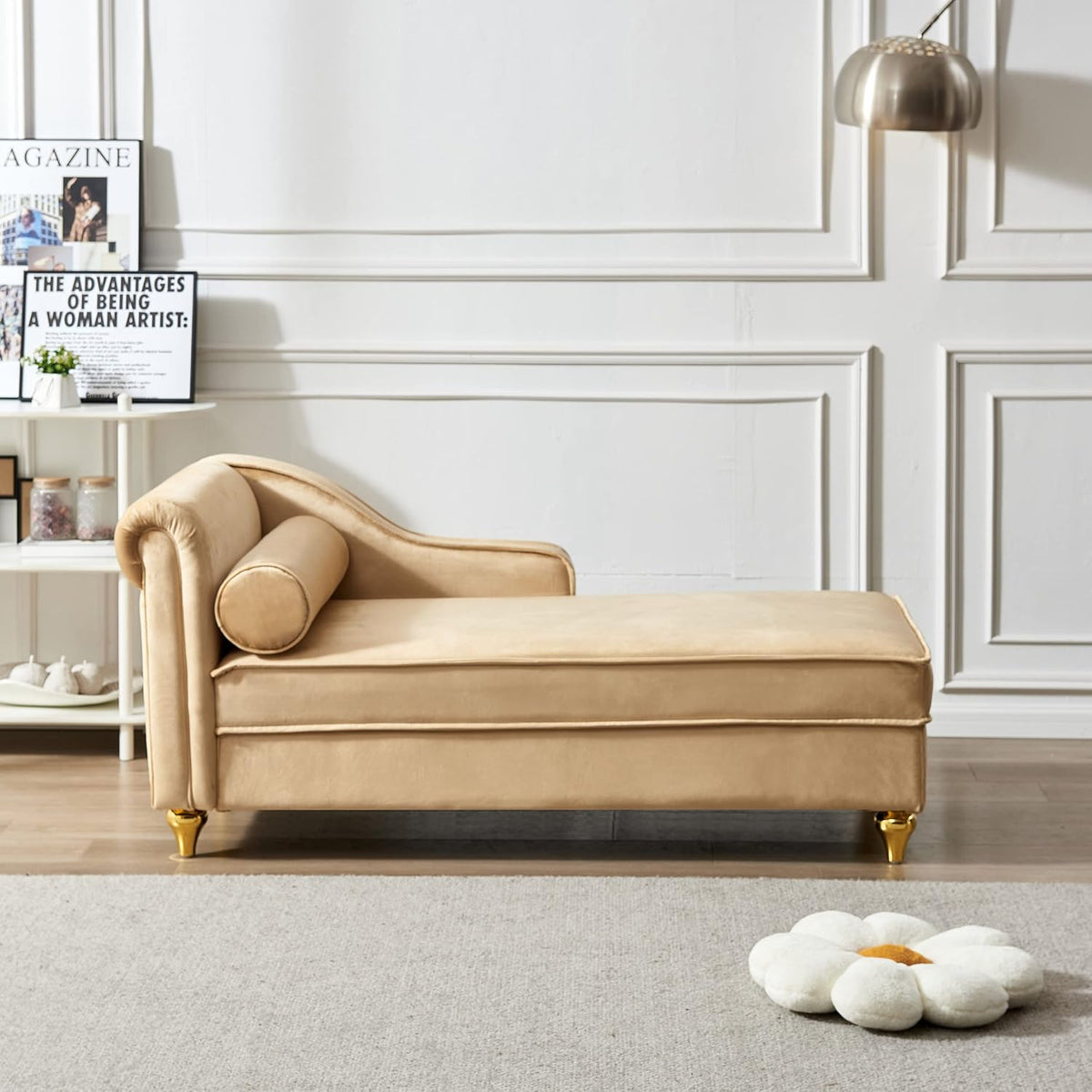 Khaki Velvet Upholstery Chaise Lounge Chair with Storage V77467