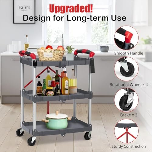 3-Tier Foldable Utility Rolling Cart with Wheels Z4252