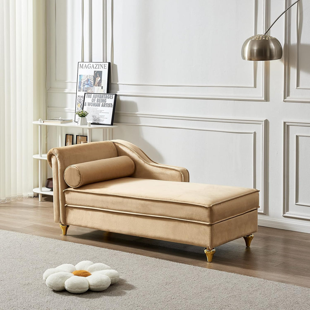 Khaki Velvet Upholstery Chaise Lounge Chair with Storage V77467