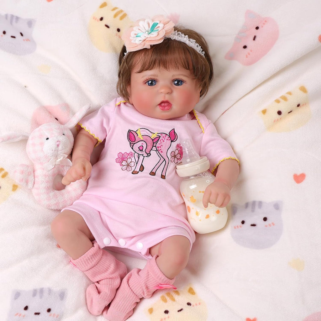 20 Inch Cloth Body Hand-Rooted Brown Hair Blue Eyes Poseable Reborn Baby Doll Z4149
