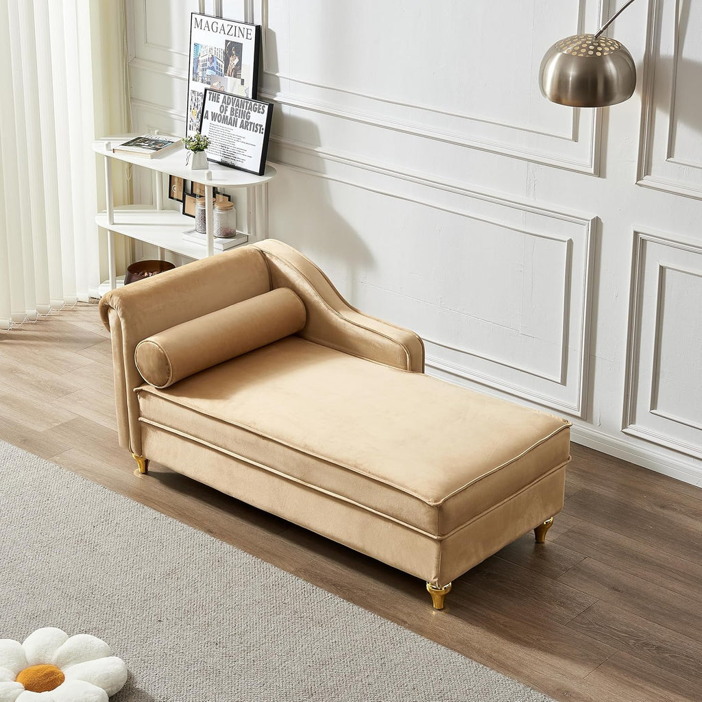 Khaki Velvet Upholstery Chaise Lounge Chair with Storage V77467