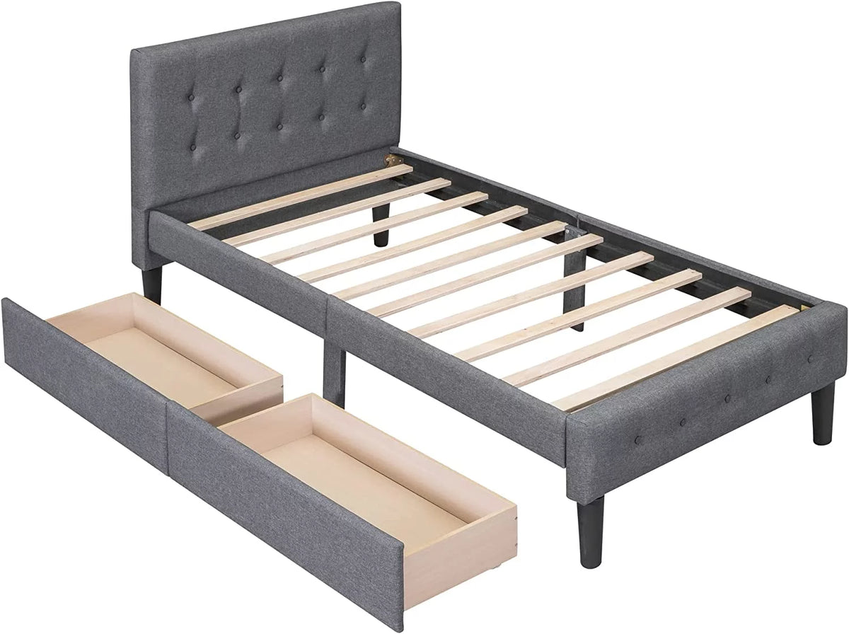 Beige Twin Size Upholstered Bed Frame with Headboard and Storage Underneath C756