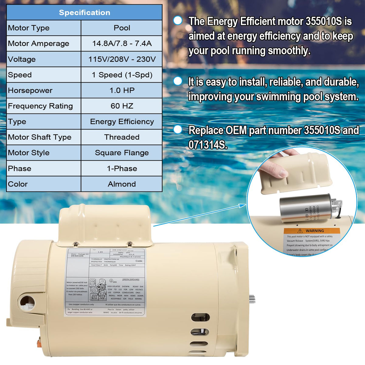 1 HP 115/208-230 Volts 1 Speed Square Flange Pool Motor H303