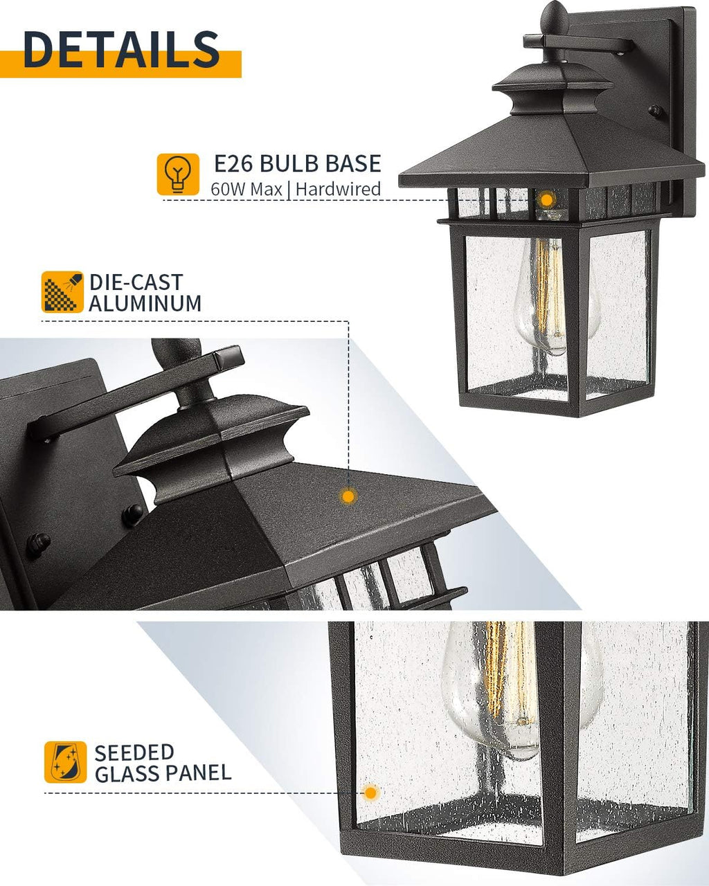 Set of 2 Sanded Black Cast-Aluminum Wall Mount Lights B3791