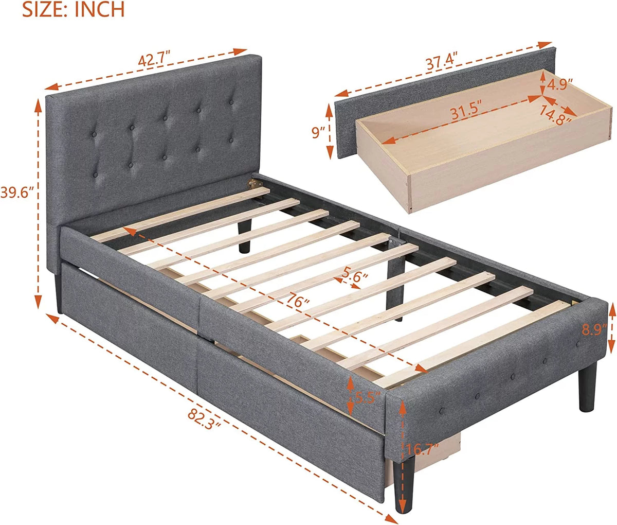 Beige Twin Size Upholstered Bed Frame with Headboard and Storage Underneath C756