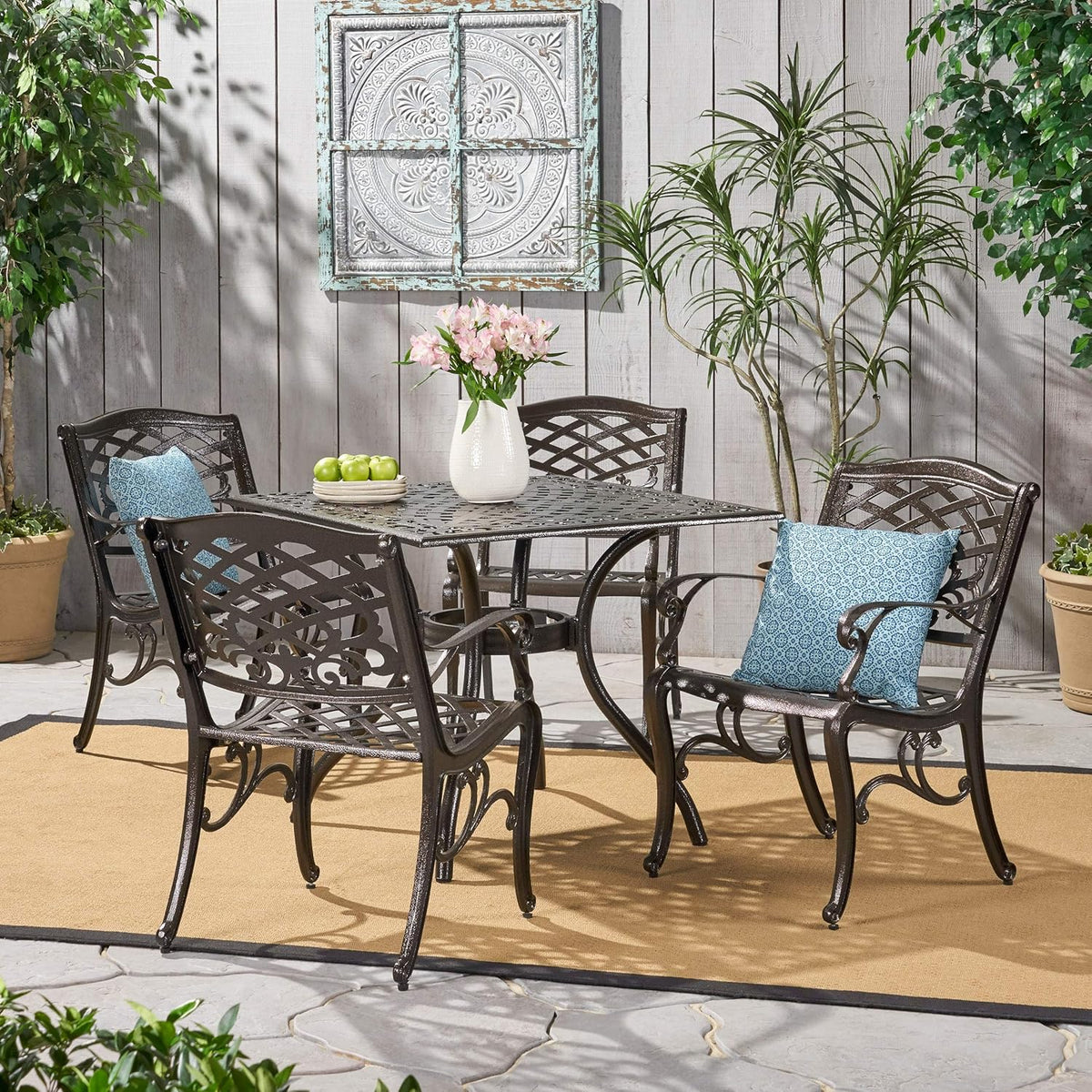 Hammered Bronze Cast Aluminum 5 Pcs Outdoor Dining Set I382973