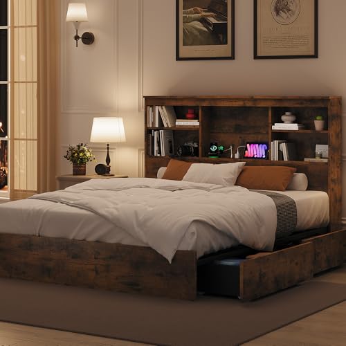 Full Size Wood Bed Frame with 4 Storage Drawers, Bookcase Headboard, Charging Station, Vintage Brown F71161
