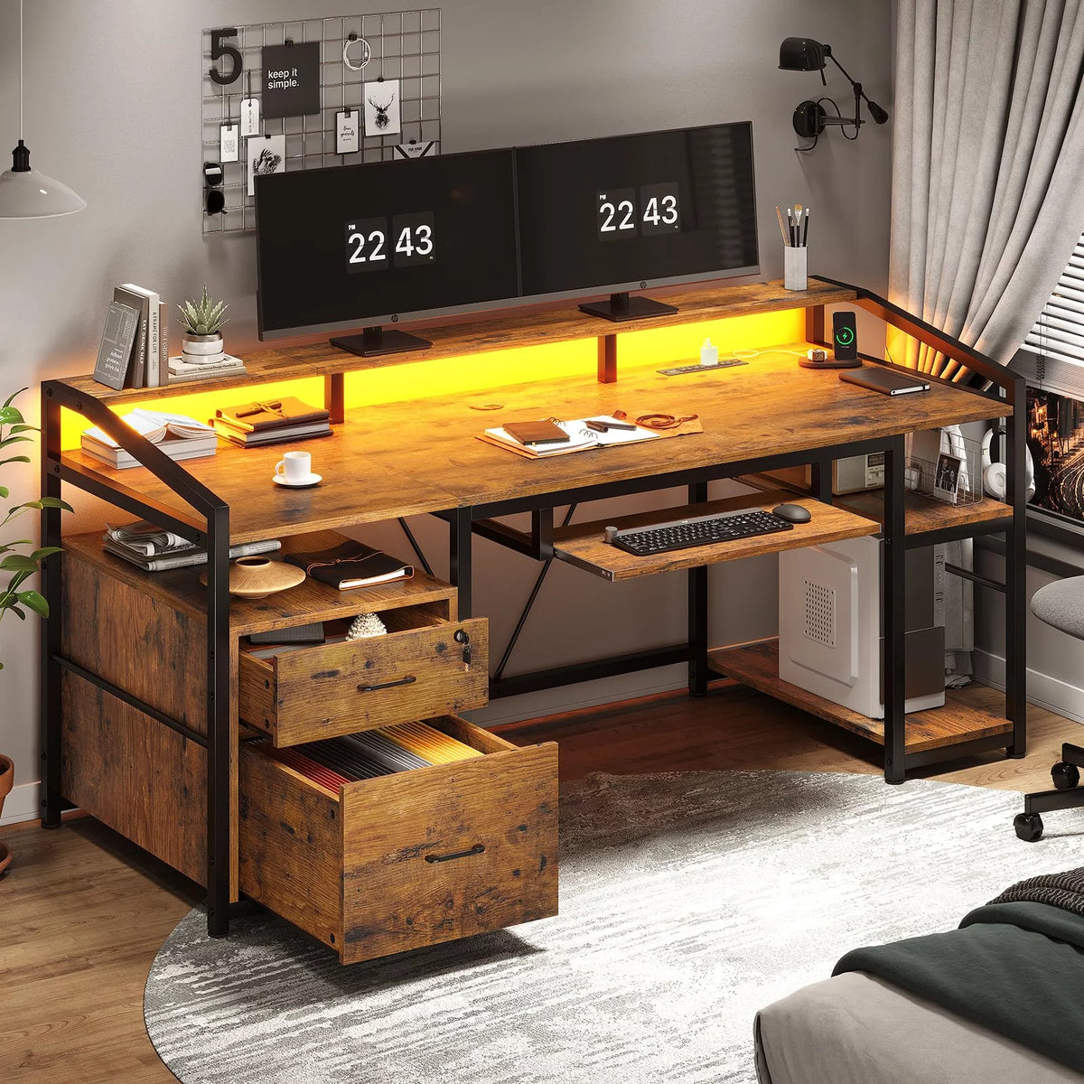 Computer Desk with LED Light and USB Charging Ports F886828