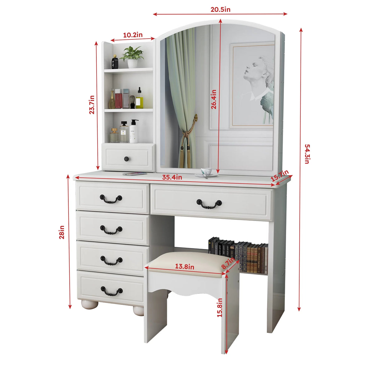 White Vanity Desk with Mirror and LED Lights J186324