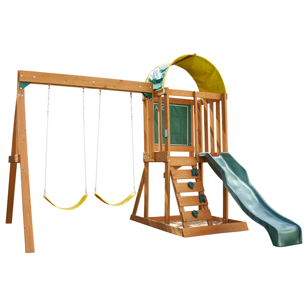 Wooden Outdoor Swing Set with Slide and Rock Wall K19195