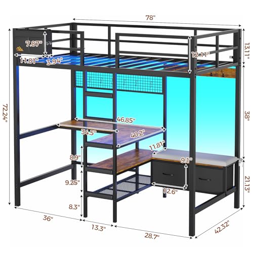 Twin Size Black Metal Loft Bed with Desk and Storage Q421