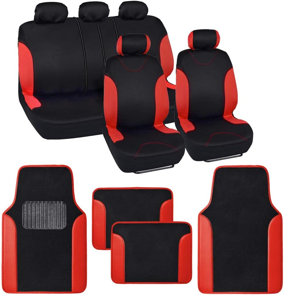 Red Accent Double Trim Car Seat Covers (2 Front 1 Bench) with Auto Carpet Floor Mats (4 Set) W384008