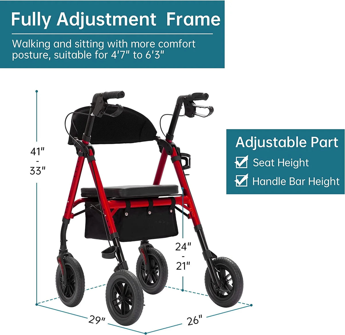 All-Terrain 10” Wheels Red Rollator Walker P2223