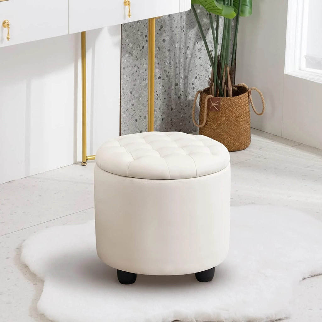 19" Round Storage Ottoman with Cover Lid Tufted PU Leather Fabric Ottoman N328
