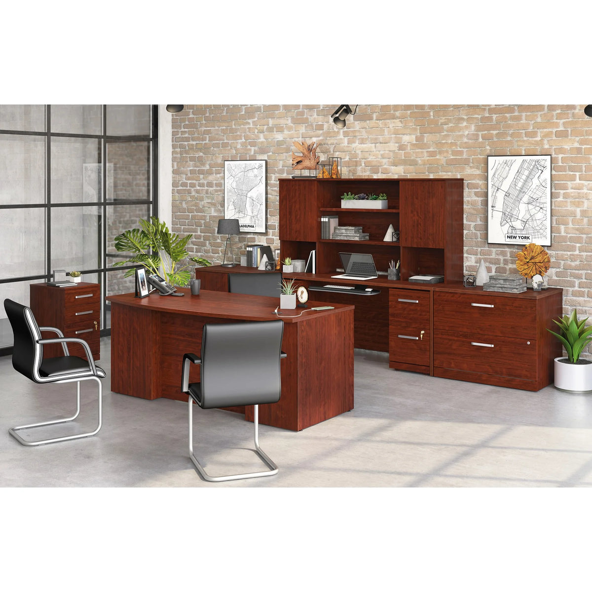 Cherry Bowfront Desk and 2-Drawer Mobile File Cabinet E8813