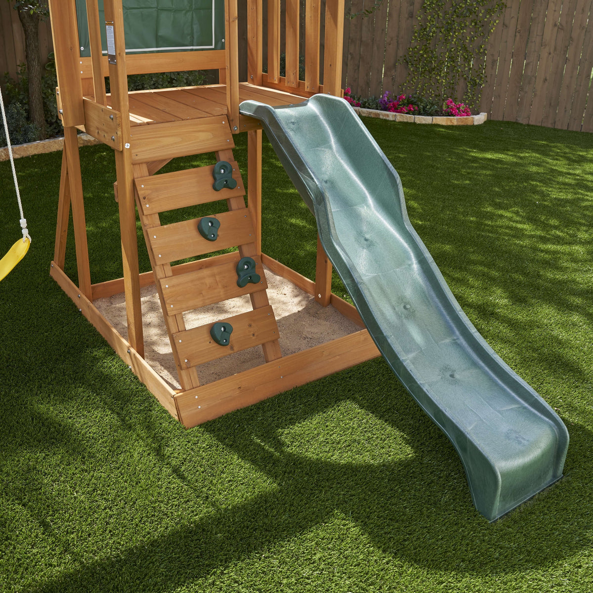 Wooden Outdoor Swing Set with Slide and Rock Wall K19195