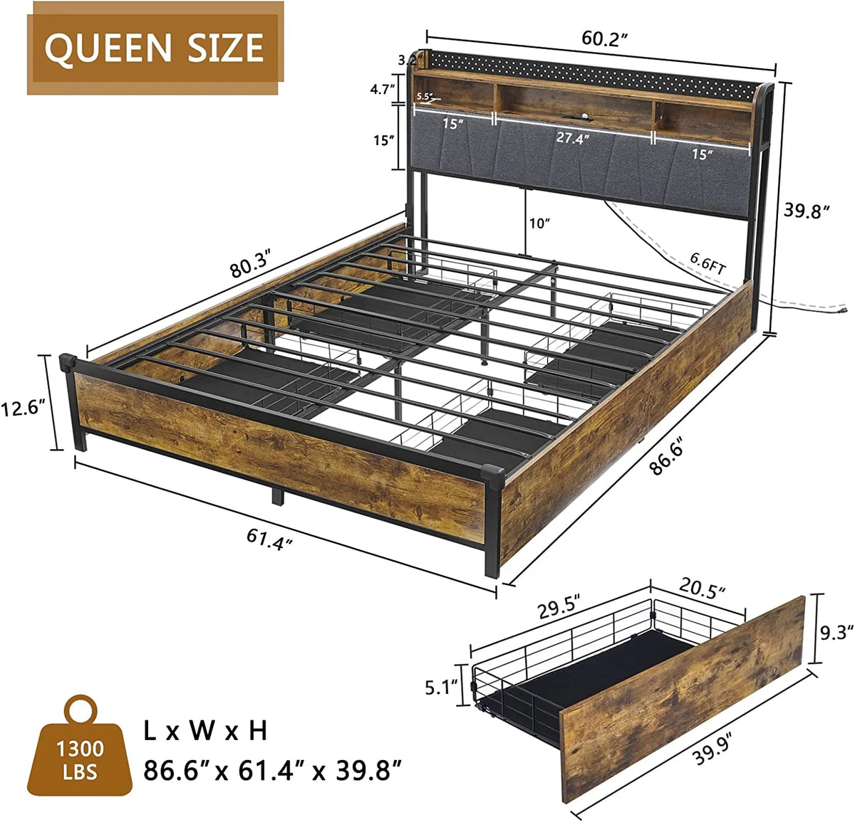 Full Size Metal Platform Bed Frame with 4 Storage Drawers T70260