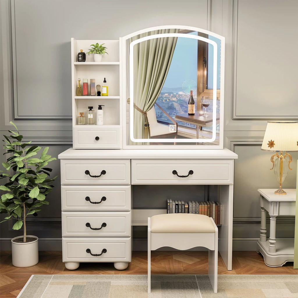 White Vanity Desk with Mirror and LED Lights J186324