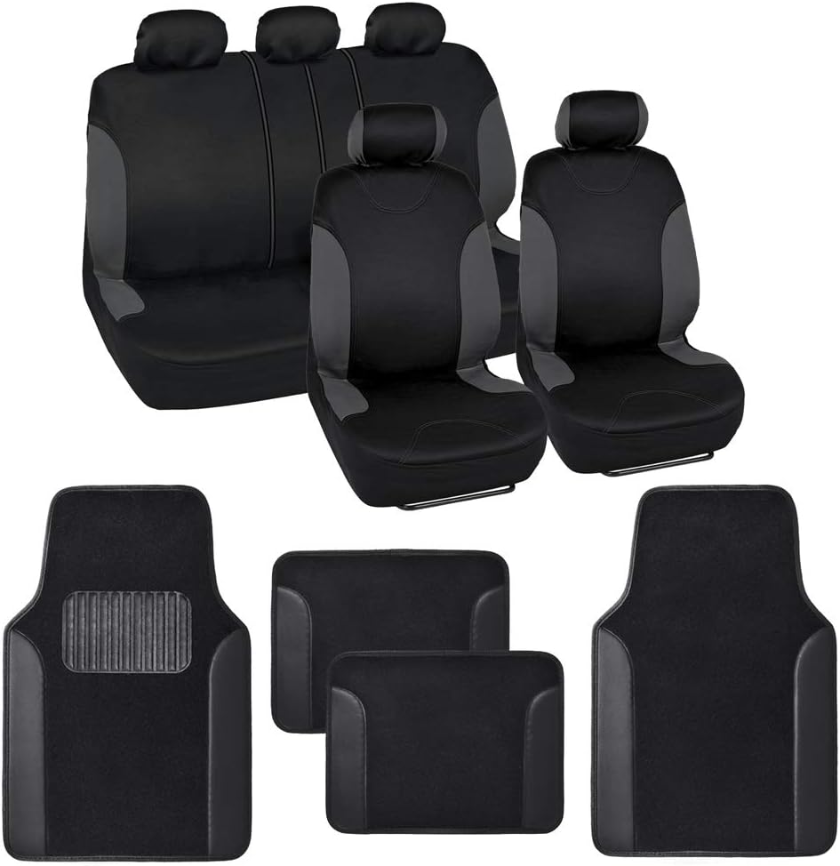 Red Accent Double Trim Car Seat Covers (2 Front 1 Bench) with Auto Carpet Floor Mats (4 Set) W384008