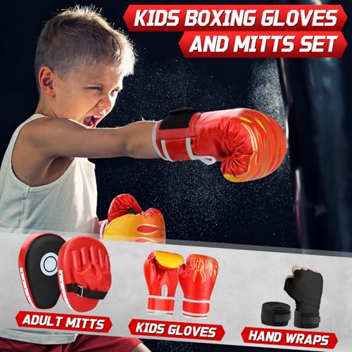 Kids Boxing Gloves and Punching Mitts Set with Hand Wraps A157163