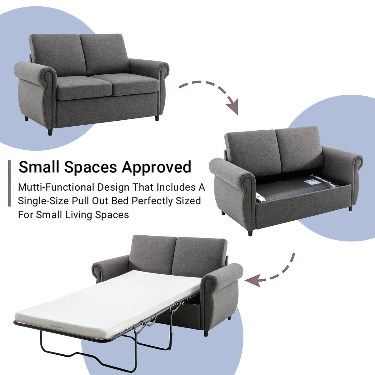 57.5" Gray Pull Out Sofa Bed with Twin Size Memory Mattress C292159