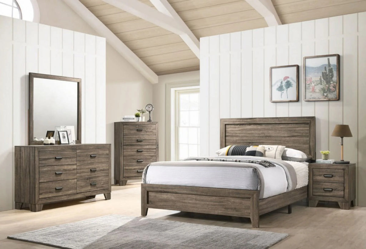 Grey 4Pc King Size Panel Bed Dresser Mirror Nightstand Set V47439