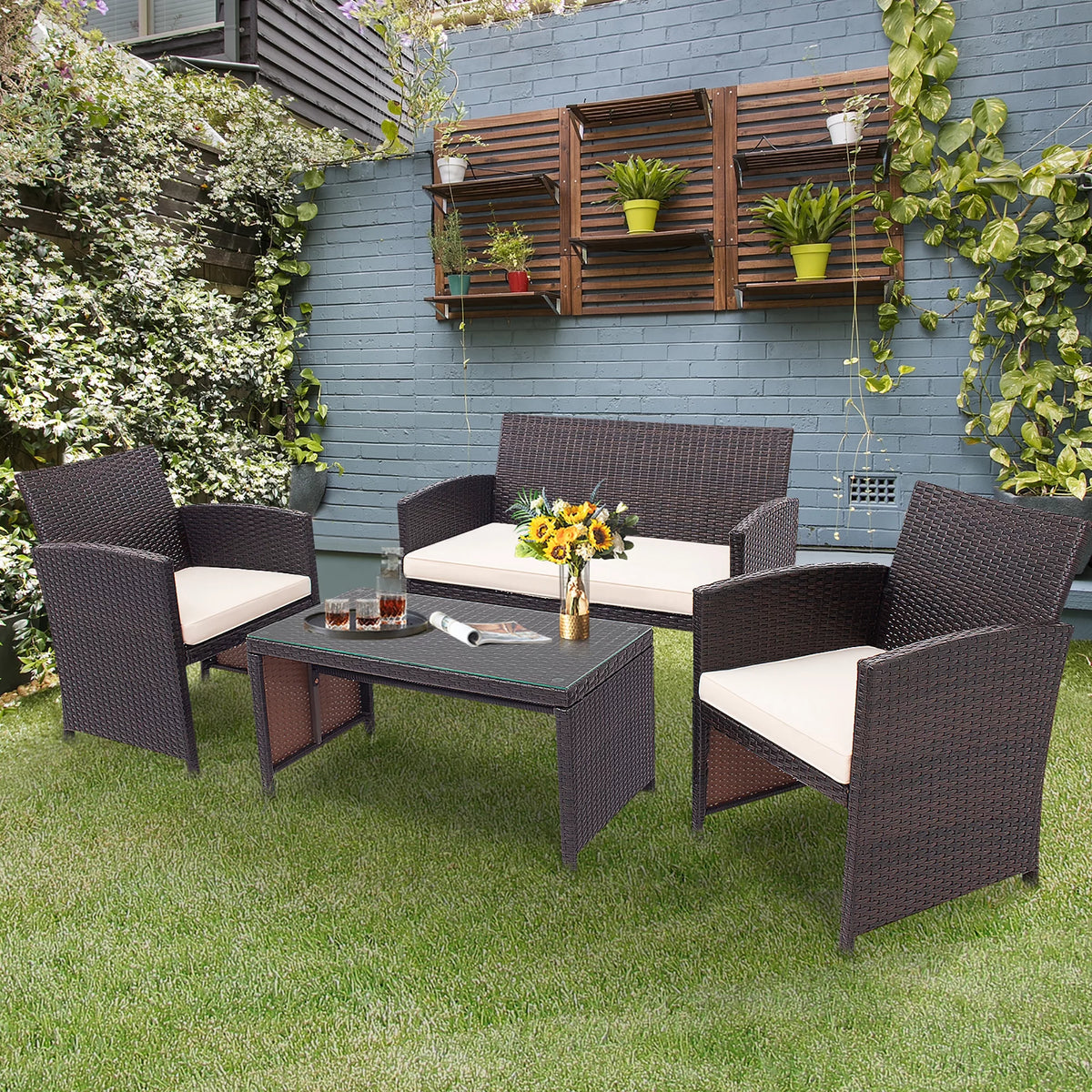 4 Pc White Patio Rattan Furniture Set Y983