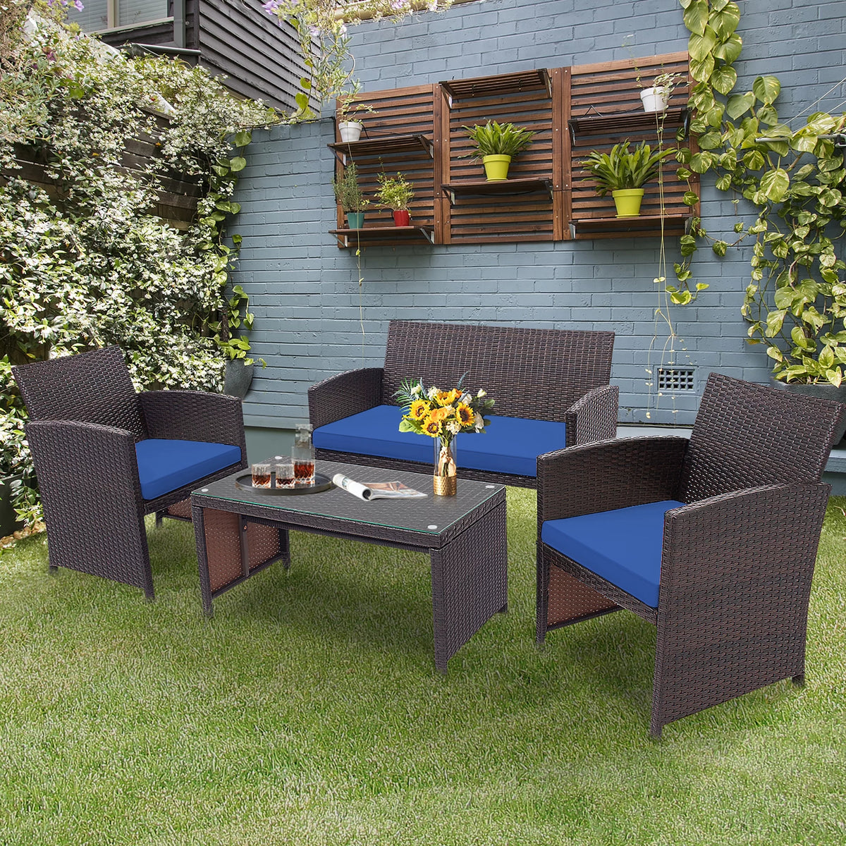 4 Pc White Patio Rattan Furniture Set Y983