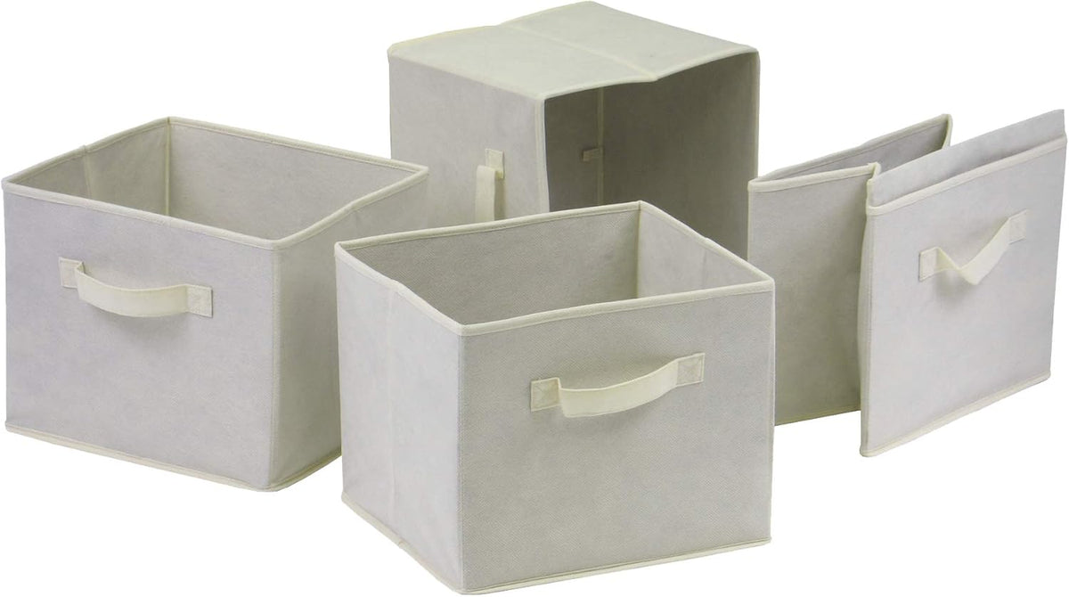 Wood 4 Section Storage Shelf with 4 Beige Fabric Foldable Baskets O88426