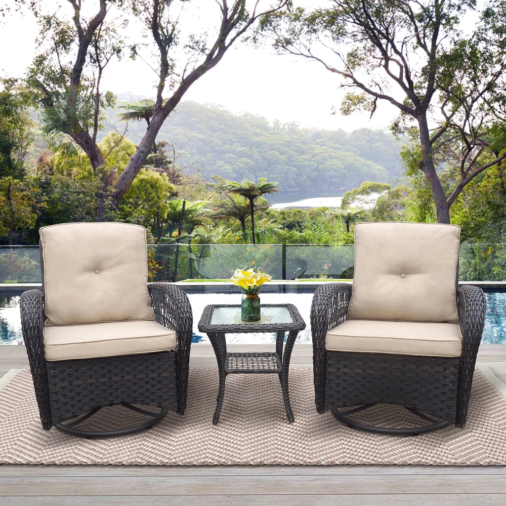 Khaki Wicker Swivel Rocker Chairs with Table D171