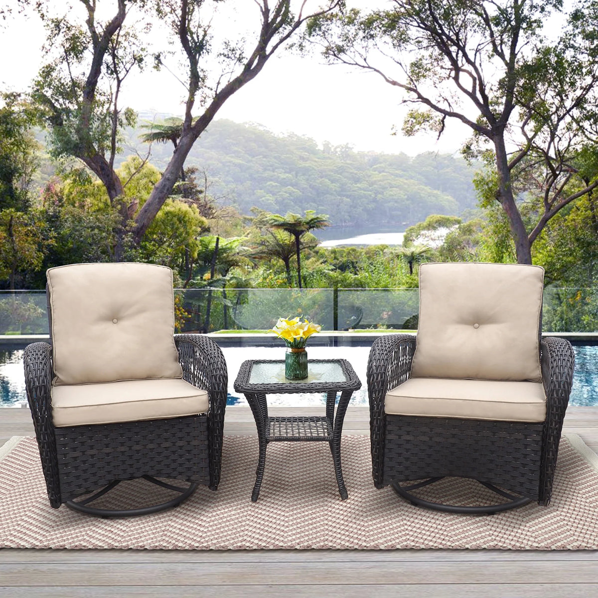Khaki Wicker Swivel Rocker Chairs with Table D171