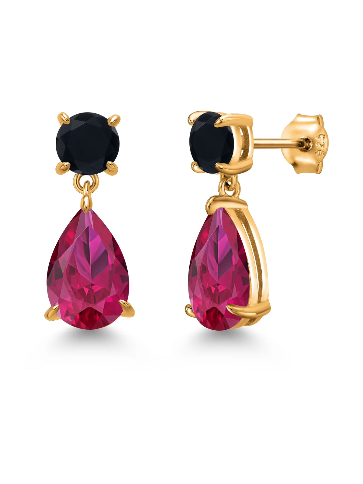 18K Yellow Gold Plated Red Created Ruby and Black Onyx Teardrop Dangle Earrings Z42666
