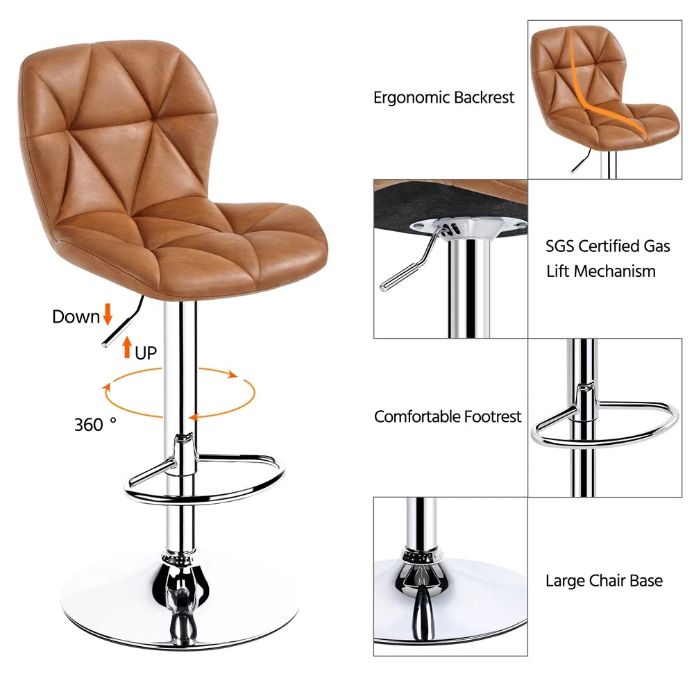 Adjustable Counter-Height Faux Leather Barstool, Set of 2, Retro Brown W7798