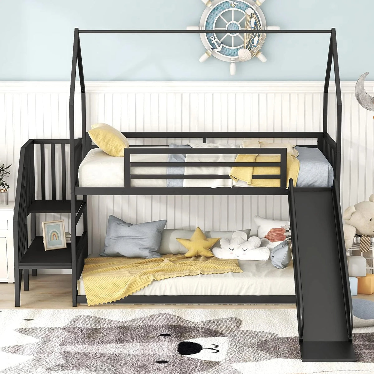 Black Metal Bunk Bed with Slide and Stairs T658